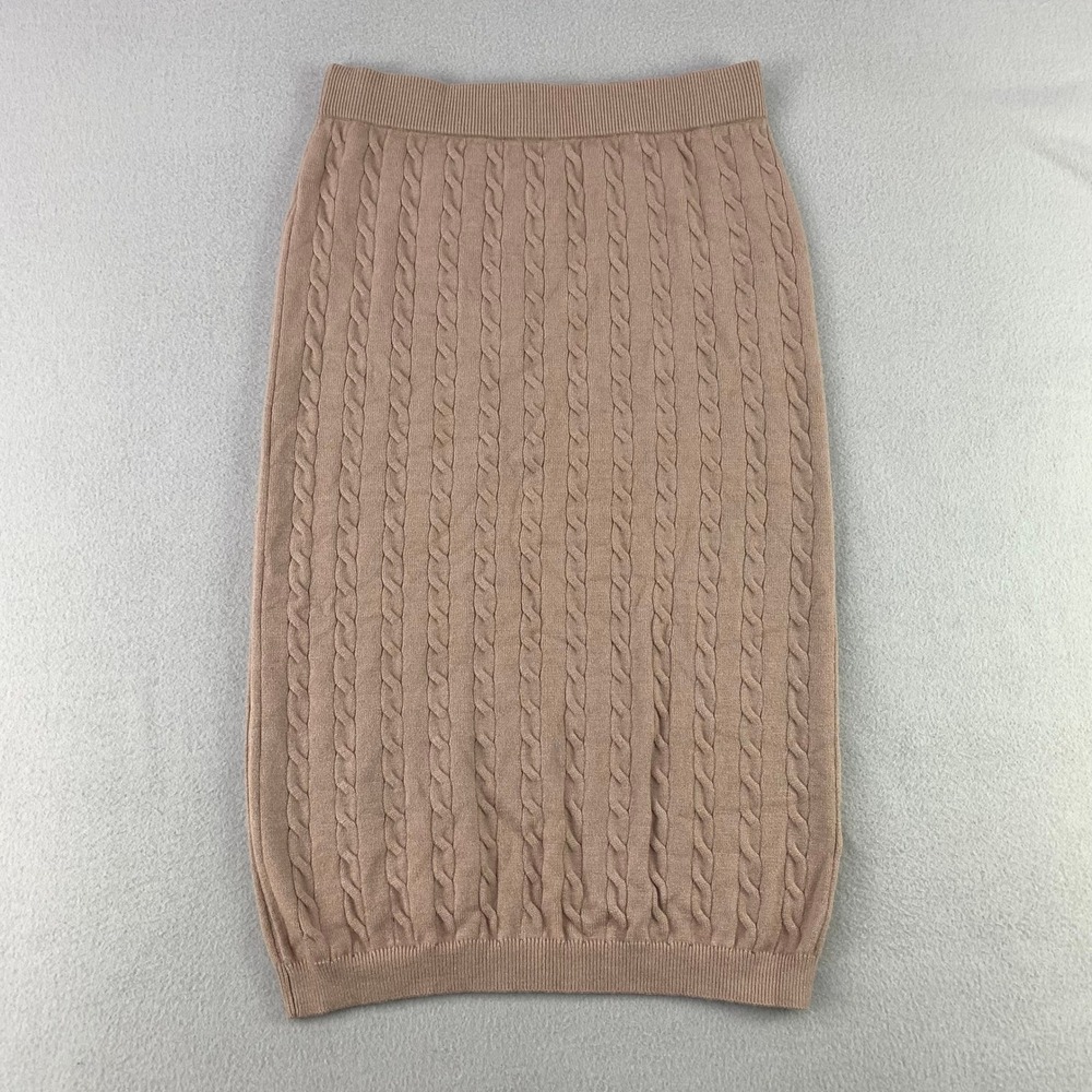 Hidden Brand Cable Knit Midi Skirt Women L Tan Pencil Office Career Old Money